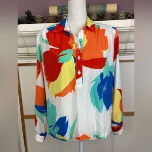 Vintage Colorful Abstract Butterfly Floral Art Print Blouse w/ shoulder pads 70s